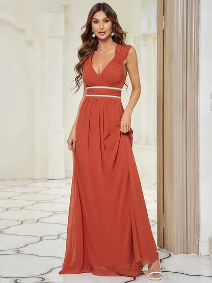 Wholesa V-Neck Sleeveless Beaded Belt Chiffon A-Line Evening Dress