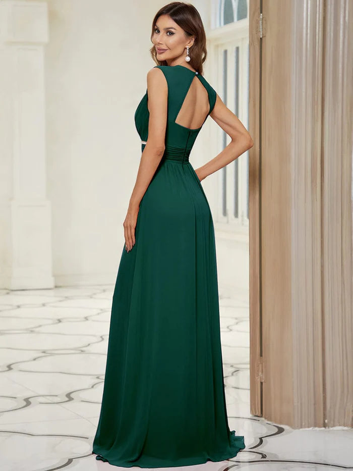 Wholesa V-Neck Sleeveless Beaded Belt Chiffon A-Line Evening Dress