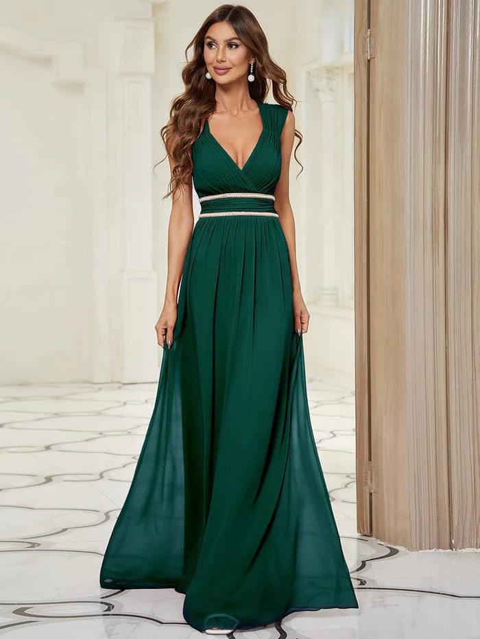 Wholesa V-Neck Sleeveless Beaded Belt Chiffon A-Line Evening Dress