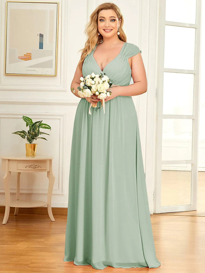 Wholesa V-Neck Sleeveless Beaded Belt Chiffon A-Line Evening Dress