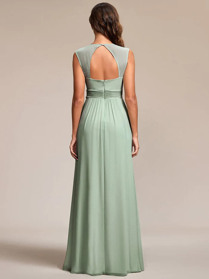 Wholesa V-Neck Sleeveless Beaded Belt Chiffon A-Line Evening Dress