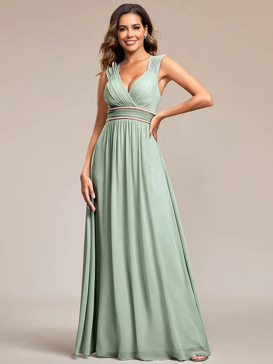 Wholesa V-Neck Sleeveless Beaded Belt Chiffon A-Line Evening Dress