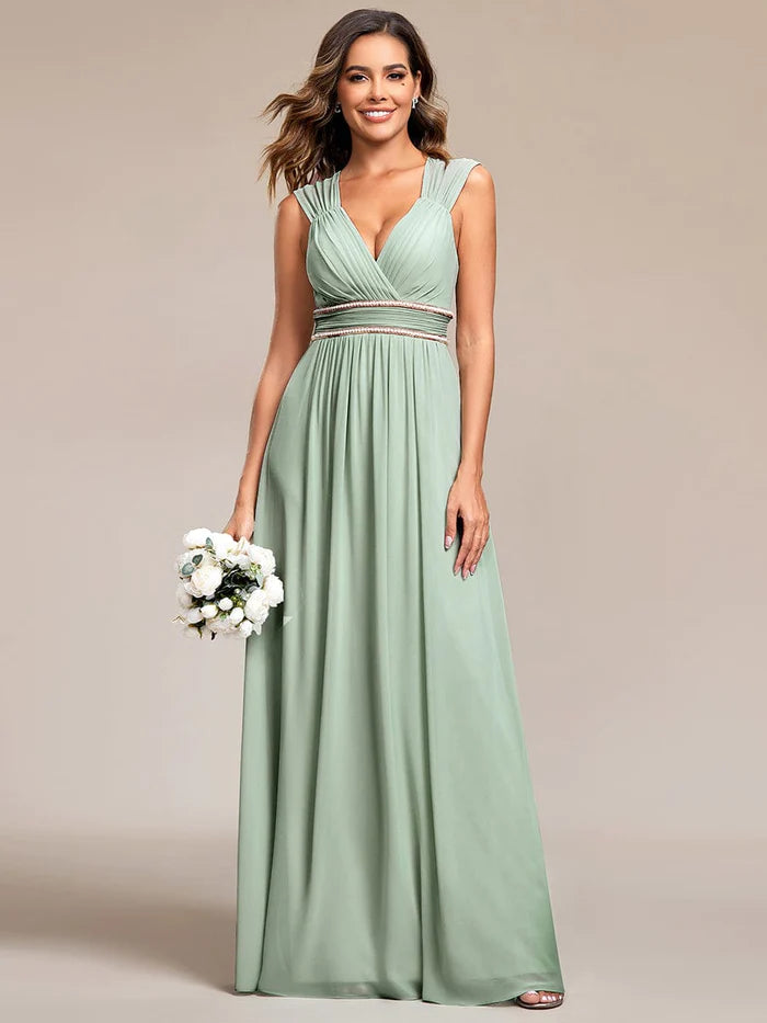 Wholesa V-Neck Sleeveless Beaded Belt Chiffon A-Line Evening Dress