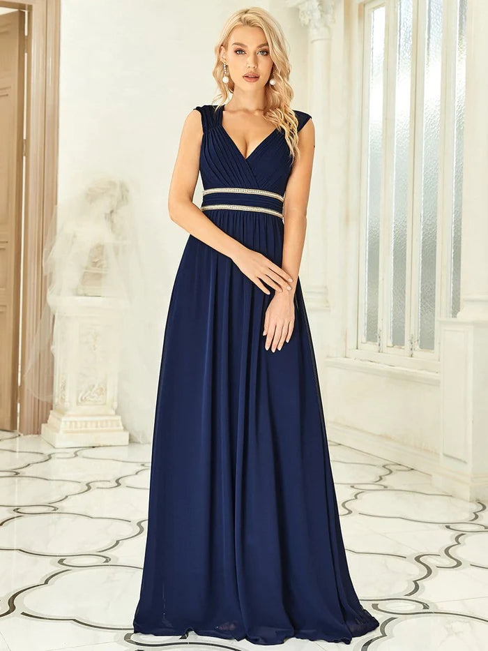 Wholesa V-Neck Sleeveless Beaded Belt Chiffon A-Line Evening Dress