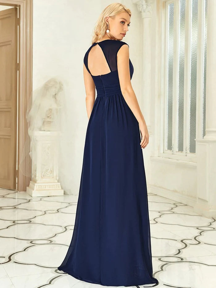 Wholesa V-Neck Sleeveless Beaded Belt Chiffon A-Line Evening Dress