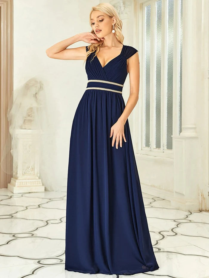 Wholesa Ruched V-neck Floor Length Elegant Bridesmaid Dress