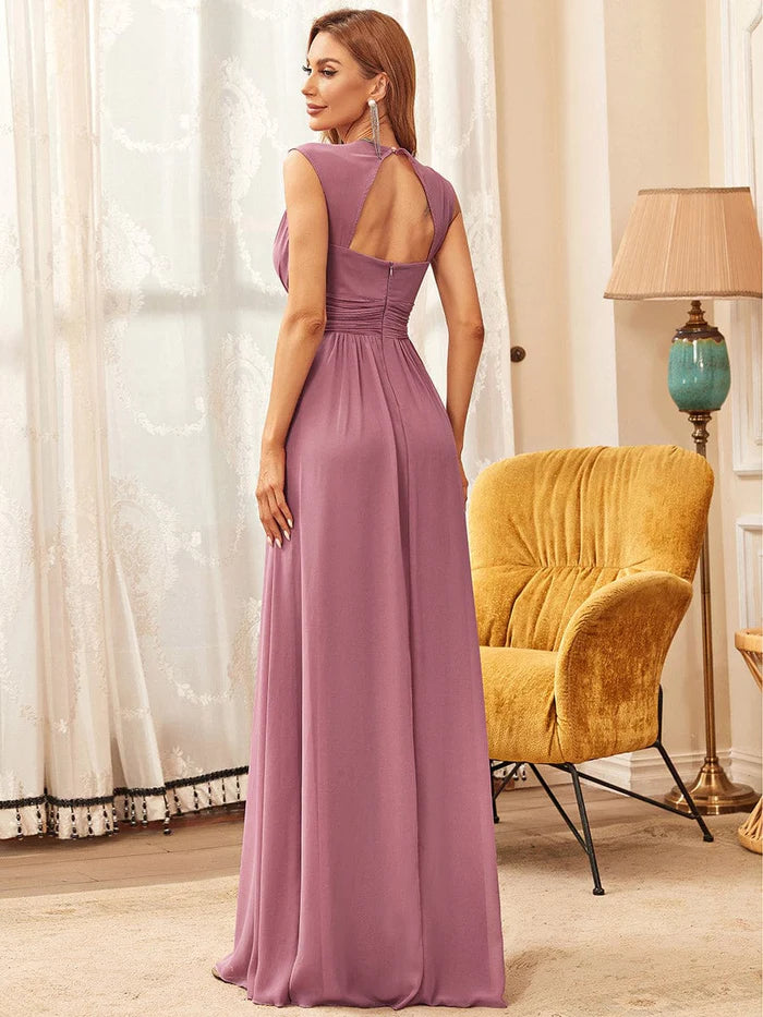 Wholesa V-Neck Sleeveless Beaded Belt Chiffon A-Line Evening Dress