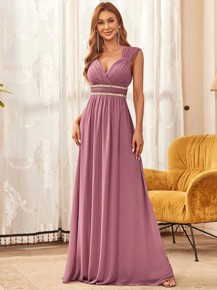 Wholesa V-Neck Sleeveless Beaded Belt Chiffon A-Line Evening Dress