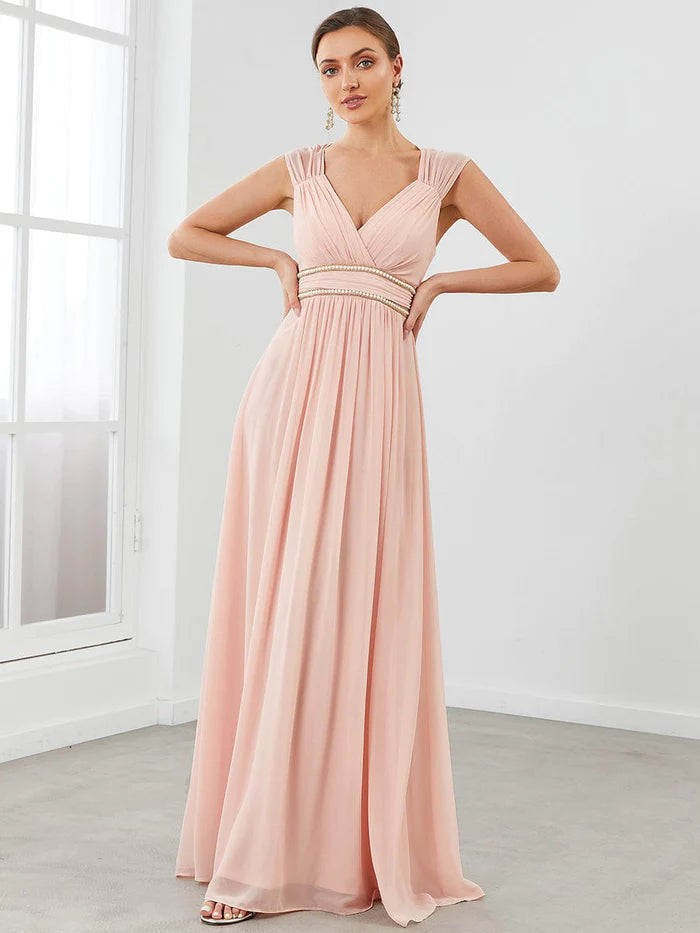 Wholesa Ruched V-neck Floor Length Elegant Bridesmaid Dress