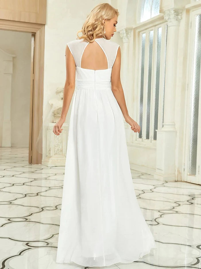 Wholesa V-Neck Sleeveless Beaded Belt Chiffon A-Line Evening Dress