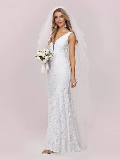 Wholesa Dainty Deep V Neck Sleeveless Fishtail Lace Wedding Dress