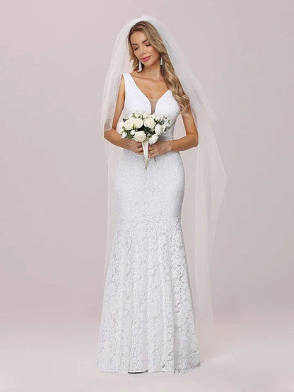 Wholesa Dainty Deep V Neck Sleeveless Fishtail Lace Wedding Dress