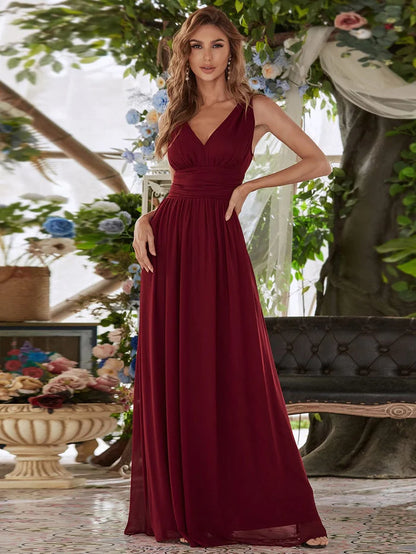 Wholesa Sleeveless V-Neck Plain Chiffon Maxi Bridesmaid Dress