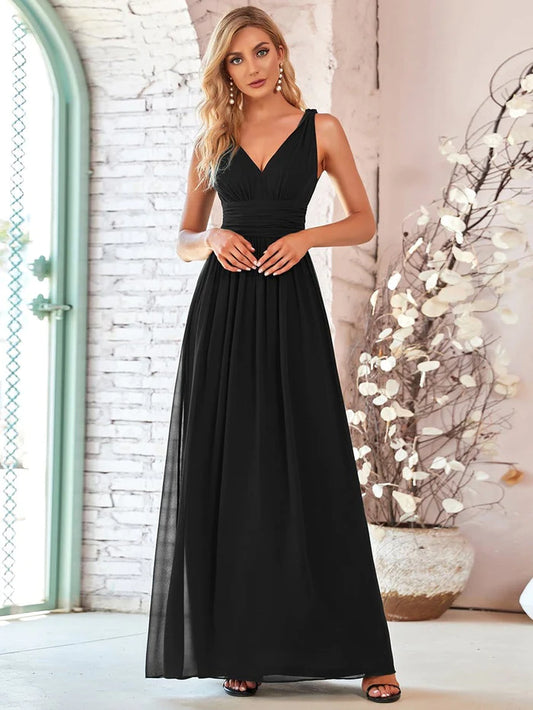 Wholesa Pleated Sleeveless V-Neck Chiffon Maxi Dress