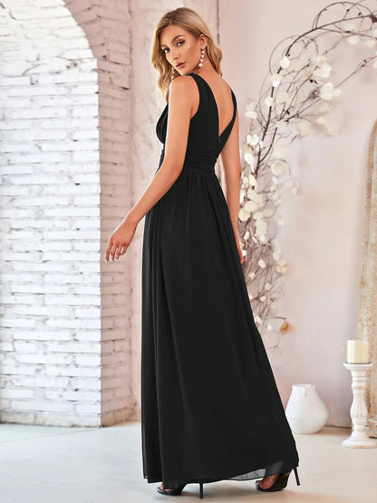 Wholesa Pleated Sleeveless V-Neck Chiffon Maxi Dress