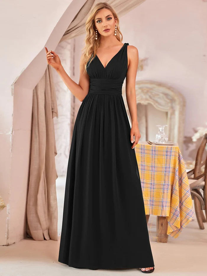 Wholesa Pleated Sleeveless V-Neck Chiffon Maxi Dress