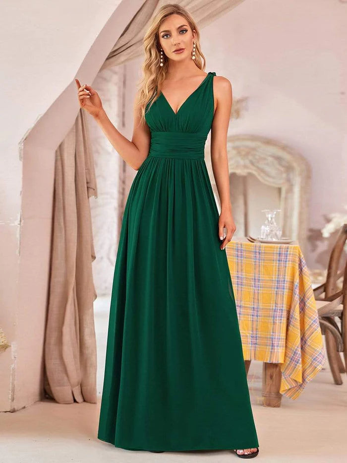 Wholesa Pleated Sleeveless V-Neck Chiffon Maxi Dress