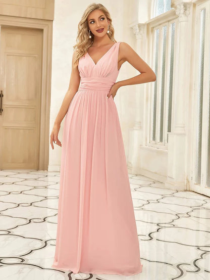 Wholesa V Neck Sleeveless Pleated Chiffon Evening Dress