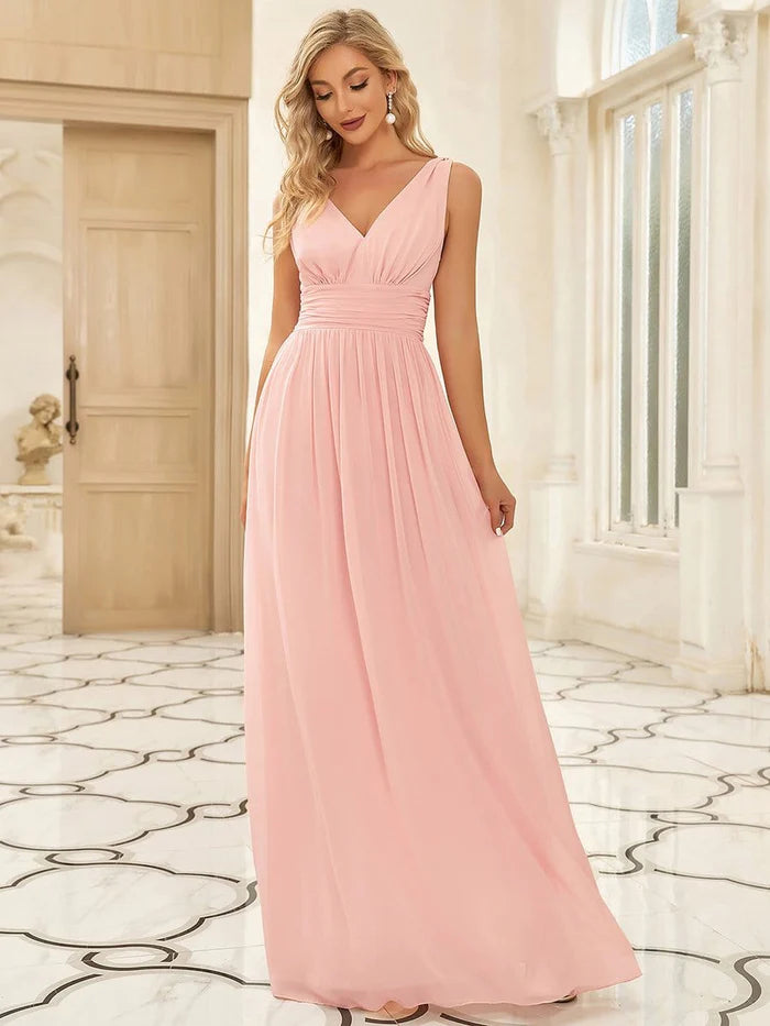 Wholesa V Neck Sleeveless Pleated Chiffon Evening Dress