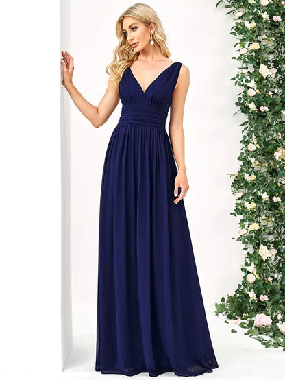 Wholesa Elegant V Neck A Line Chiffon Maxi Bridesmaid Dresses