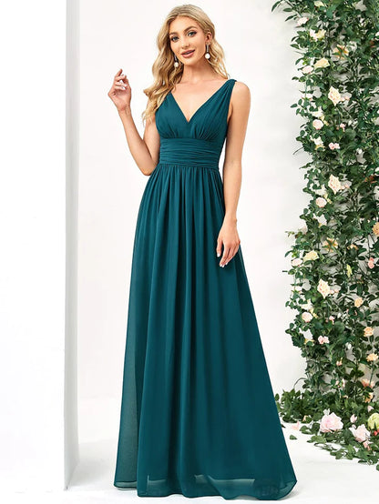 Wholesa Elegant V Neck A Line Chiffon Maxi Bridesmaid Dresses