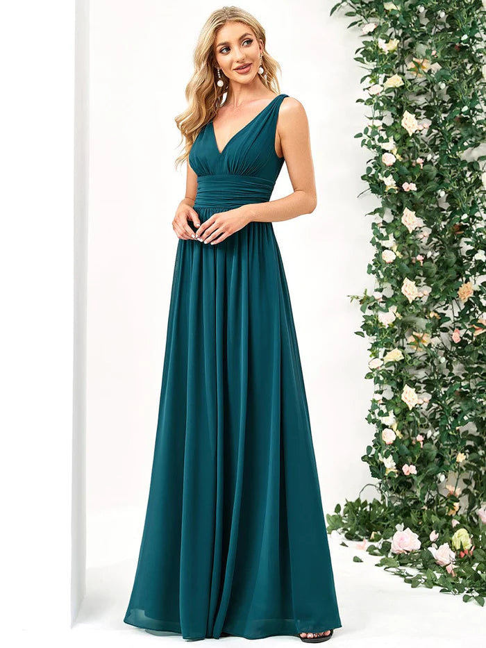 Wholesa Elegant V Neck A Line Chiffon Maxi Bridesmaid Dresses