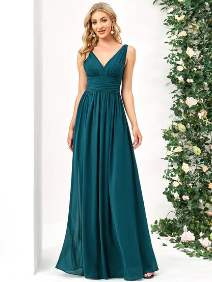 Wholesa Elegant V Neck A Line Chiffon Maxi Bridesmaid Dresses