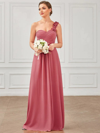 Wholesa Sweet Pleated Bodice One Shoulder Chiffon Bridesmaid Dress