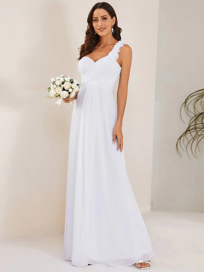 Wholesa Sweet Pleated Bodice One Shoulder Chiffon Bridesmaid Dress