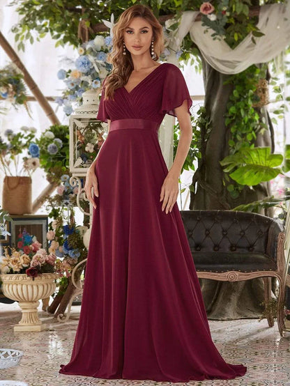 Wholesa Long Chiffon Empire Waist Bridesmaid Dress with Short Flutter Sleeves