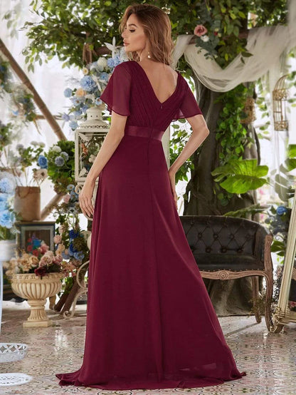 Wholesa Long Chiffon Empire Waist Bridesmaid Dress with Short Flutter Sleeves