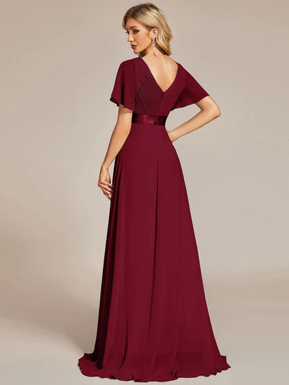 Wholesa Long Empire Waist Bridesmaid Dress with Short Flutter Sleeves