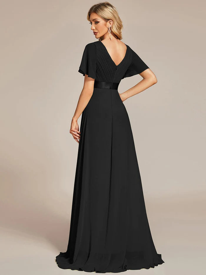 Wholesa Empire Waist Floor Length Bridesmaid Dress with Short Flutter Sleeves