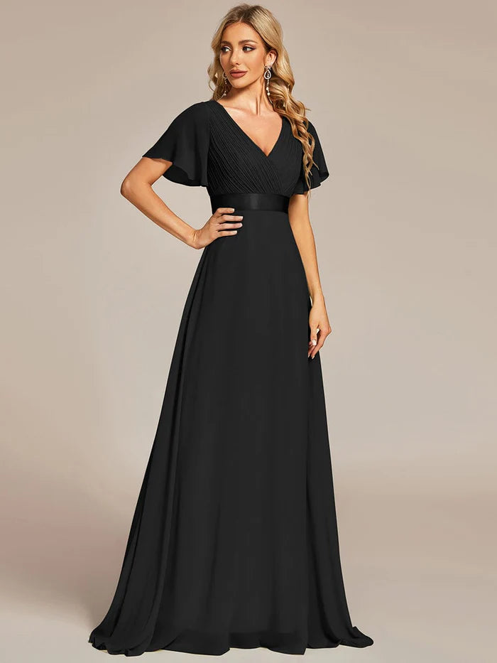 Wholesa Empire Waist Floor Length Bridesmaid Dress with Short Flutter Sleeves