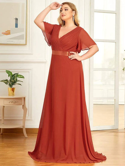 Wholesa Empire Waist Floor Length Bridesmaid Dress with Short Flutter Sleeves