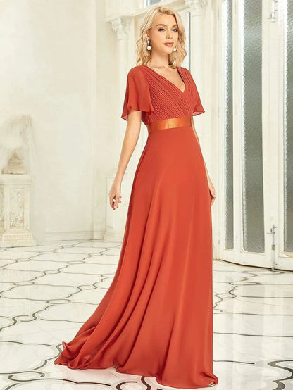 Wholesa Empire Waist Floor Length Bridesmaid Dress with Short Flutter Sleeves