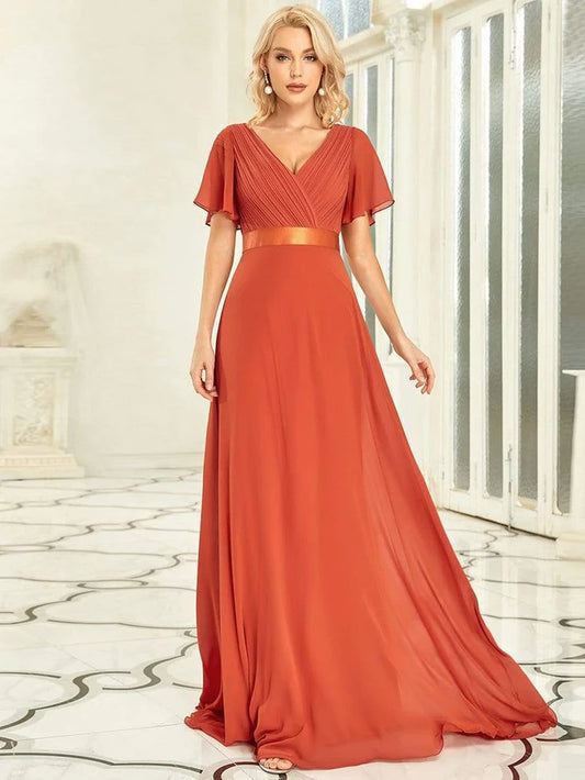 Wholesa Empire Waist Floor Length Bridesmaid Dress with Short Flutter Sleeves