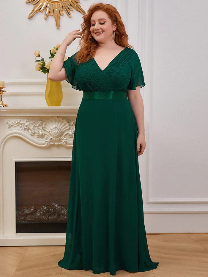 Wholesa Long Empire Waist Bridesmaid Dress with Short Flutter Sleeves