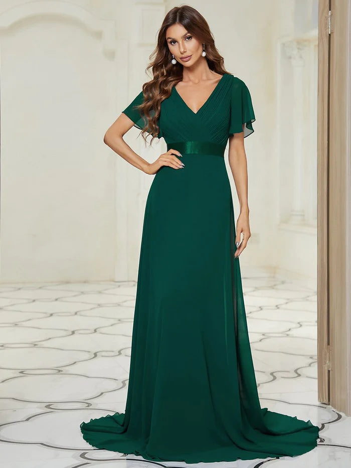 Wholesa Long Empire Waist Bridesmaid Dress with Short Flutter Sleeves