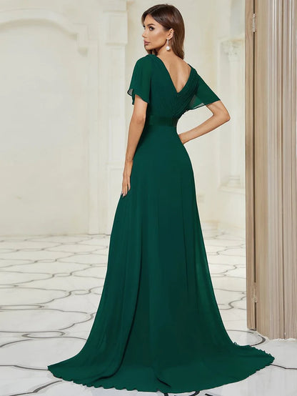 Wholesa Long Empire Waist Bridesmaid Dress with Short Flutter Sleeves