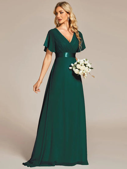 Wholesa Long Empire Waist Bridesmaid Dress with Short Flutter Sleeves