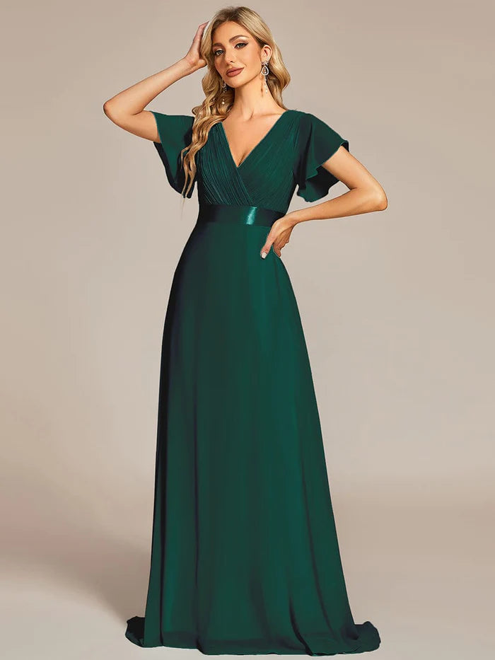 Wholesa Long Empire Waist Bridesmaid Dress with Short Flutter Sleeves