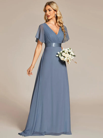 Wholesa Long Empire Waist Bridesmaid Dress with Short Flutter Sleeves