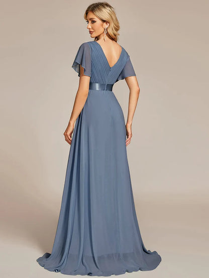 Wholesa Long Empire Waist Bridesmaid Dress with Short Flutter Sleeves