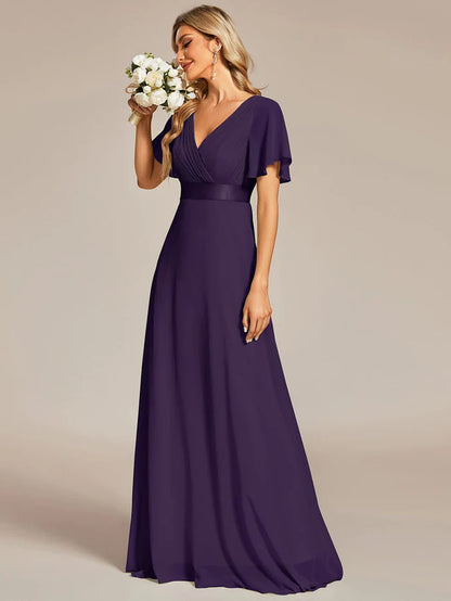 Wholesa Long Empire Waist Bridesmaid Dress with Short Flutter Sleeves