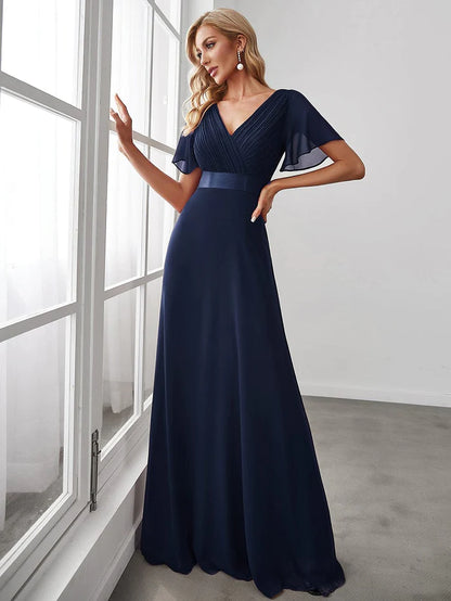 Wholesa Empire Waist Floor Length Bridesmaid Dress with Short Flutter Sleeves