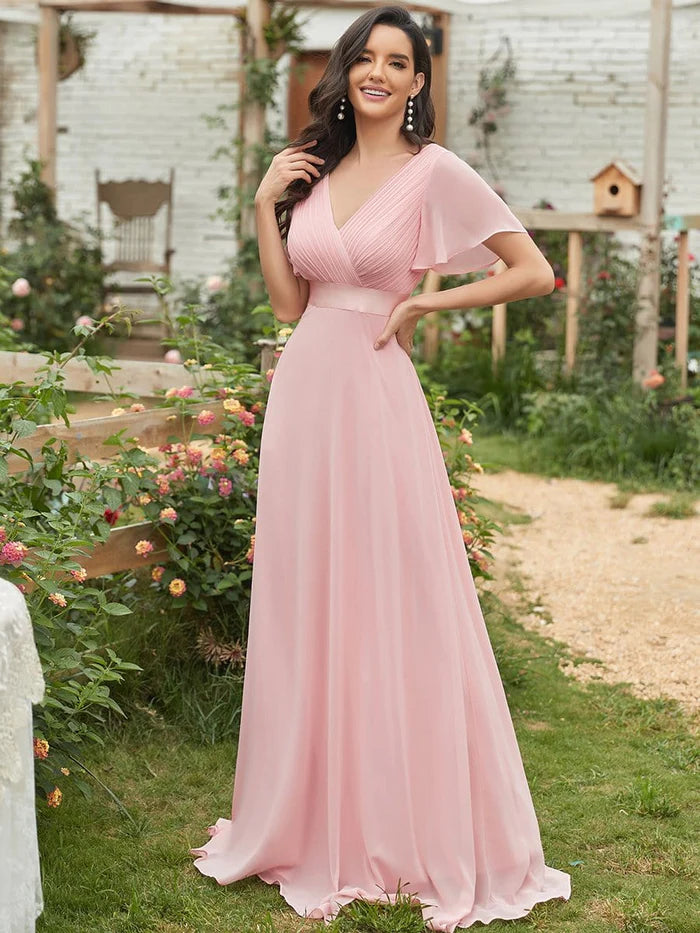 Wholesa Long Chiffon Empire Waist Bridesmaid Dress with Short Flutter Sleeves