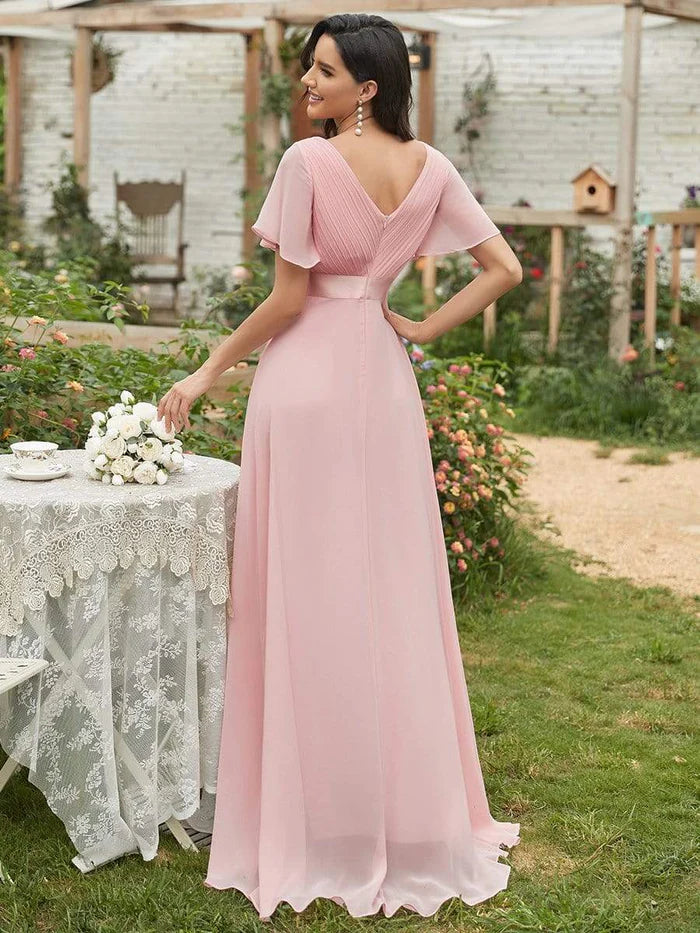 Wholesa Long Chiffon Empire Waist Bridesmaid Dress with Short Flutter Sleeves