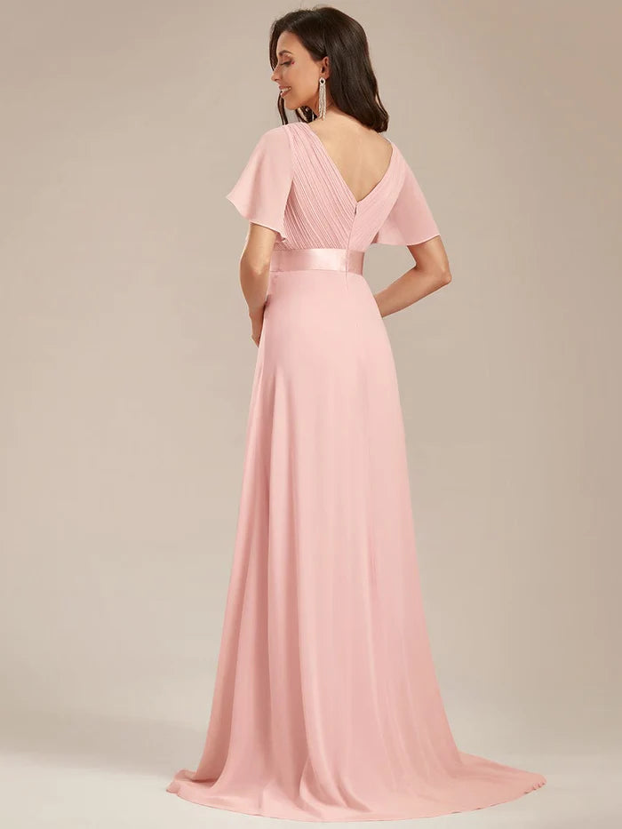 Wholesa Long Empire Waist Bridesmaid Dress with Short Flutter Sleeves