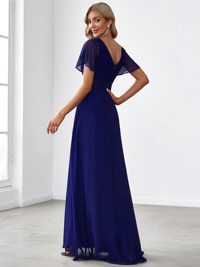 Wholesa High Waist Maxi Chiffon Bridesmaid Dress with Short Sleeves